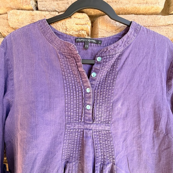 Gudrun Sjogden M Purple Linen Blend Pleated Henley Popover Women's Tunic Top - Picture 6 of 12
